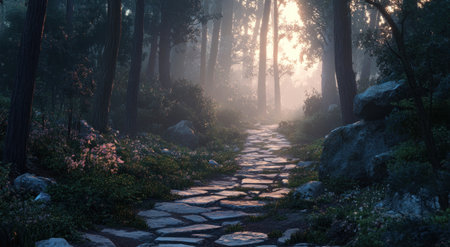 A stone path winds through the forest, with dawn light breaking in from behind, in the style of Ghibli. --ar 47:26 --v 6.1 Job ID: bbba5302-f6bd-4622-8d16-00e86bcdb771の素材