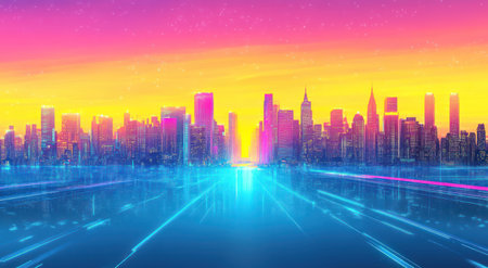 Abstract cityscape background, with neon lights and a gradient color scheme, featuring a digital glitch effect. The composition includes skyscrapers and buildings along the horizon line, creating an urban skyline. A bright yellow-to-pink gradient covers most of the sky above the scene, giving it a futuristic feel. In front of these buildings is a blue road leading into the distance, illuminated by soft white lights that create reflections on its surface. There are also scattered sparkles in various places throughout the artwork. --ar 95:52 --v 6.1 Job ID: aafa34c3-0599-42df-8b32-ec32b6c04fe5の素材