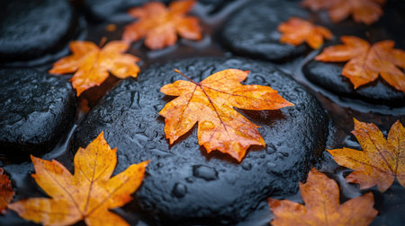 A close-up of autumn leaves on a black, round stone, creating an elegant and sophisticated background for product display or branding designs. The leaves in shades of gold, brown, and gray add depth to the scene. This backdrop is ideal for showcasing luxury products against nature-inspired backgrounds. --chaos 30 --ar 16:9 --stylize 750 --v 6.1 Job ID: 6bb46076-456f-4ea8-83f7-330dd381c00dの素材