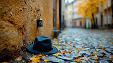 A cobblestone street in an old European town, a foggy autumn morning. A single hat is placed on the side of a wall near the corner, with a small lantern hanging from it. The scene captures the mystery and romance that is embodied in the style of Mike Walters, with soft lighting and a golden hour glow. --chaos 30 --ar 16:9 --stylize 750 --v 6.1 Job ID: 47fd9946-f98b-417d-9ecb-48a975933f1dの素材