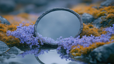 A small, round mirror laying on moss and rocks, surrounded by purple flowers. The scene has a dark, fantasy-like atmosphere with gloomy and cold colors. --chaos 30 --ar 16:9 --stylize 750 --v 6.1 Job ID: acc860bb-2d0e-4505-b9c4-4a41e79fd9dcの素材