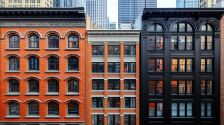 A photograph of the exterior view from an apartment window in downtown San Francisco, showcasing two different buildings side by side. The left building is made of red brick and has large arched windows on each floor. On top of it stands another tall office skyscraper with black metal details and white cladding. Between these two structures lies a three-story brownstone-style residential structure. It's autumn outside, with trees around. --chaos 30 --ar 16:9 --stylize 750 --v 6.1 Job ID: 08dc9063-5794-4aa6-9d23-da98bd22a926の素材