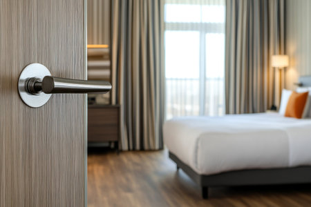 Close-up of a modern hotel room door handle, with a bedroom featuring a bed and nightstand in the background. Striped wall art is behind the headboard, showcasing a contemporary interior design. The wood floor and window with curtains add to the modern, architectural aesthetic. This interior photography captures the essence of contemporary style, as featured in Architectural Digest. --ar 3:2 --v 6.1 Job ID: 7f6755c0-479b-48ee-b74c-26d9020f114eの素材