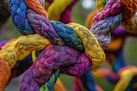 A close-up of intertwined tree branches, each covered in colorful silk threads that intertwine and swirl around them. The background is blurred to emphasize the intricate patterns created by their entanglement. --ar 3:2 --v 6.1 Job ID: e71abd53-41a6-4665-bea6-034d555bb7c6の素材