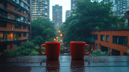Two red mugs on the table, rain falling outside the window, blurred background of trees and buildings, photorealistic, cinematic, high resolution, very detailed, shot with a Sony Alpha A7 III camera. --chaos 30 --ar 16:9 --stylize 750 --v 6.1 Job ID: cbfd0a27-3e5f-4343-af52-f96345b6ae88の素材