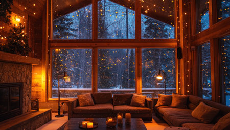 A cozy living room with large windows, showcasing the snow falling outside and lights twinkling through them. The interior is bathed in warm light from lamps on the walls and ceiling, creating an inviting atmosphere. A fireplace adds to the warmth, while the furniture includes sofas of various sizes, all surrounded by the beauty of nature visible through the glass. --ar 53:30 --v 6.1 Job ID: 277db763-b469-4ed0-9468-ce776eda41e6の素材