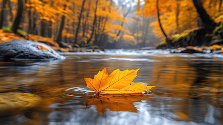 A close-up of an autumn leaf floating on the surface of a flowing stream, with trees in soft focus behind it. The water is crystal clear and reflects the yellow hues of the fall foliage. A small rock sits beside the riverbank, adding to its natural beauty. --chaos 30 --ar 16:9 --stylize 750 --v 6.1 Job ID: 831cb837-6178-46eb-a7d6-a6be3685700eの素材