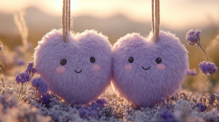 Two plush, heart-shaped forms in shades of purple rest on a hillside, surrounded by flowers and wispy clouds in pale tones, with distant mountains in the background. The sun's rays filter through the hazy clouds, casting a dreamlike glow on the scene. High-definition photography, hyper-realistic imagery, a romantic style, warm colors, soft lighting effects, a telephoto lens, and a static composition create this serene and tranquil landscape. --chaos 30 --ar 16:9 --stylize 750 --v 6.1 Job ID: d6e88bb3-e5b0-4d6a-bd24-a8ac31950ca3の素材