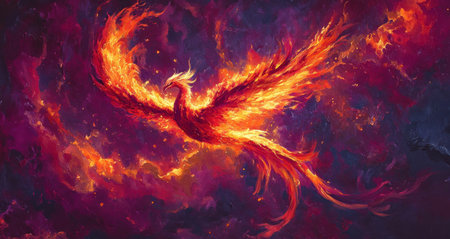 A vibrant nebula of red and orange hues, resembling the shape of an abstract phoenix with its feathers spread wide across the expanse. The background is a deep, dark purple. --ar 47:25 --v 6.1 Job ID: 540a5b7b-56c0-4084-acda-ae5770b53adfの素材