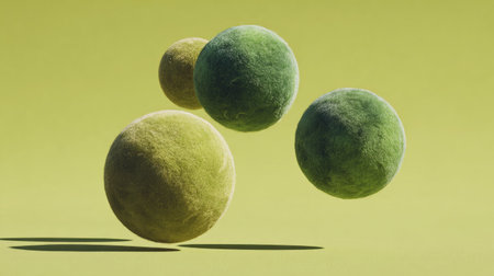 Digital image displays three spheres of varying shades of yellow-green and green. They are positioned in mid-air against a pale yellow-green backdrop. The spheres have a textured surface resembling foliage or moss, and their placement creates a dynamic composition. The overall aesthetic is modern and visually striking.の素材
