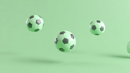 Three pale green soccer balls, each with black panels, float in the air against a solid mint green background.  The balls are positioned in a way to suggest movement or a sense of levitation. The image style is minimalist and modern.の素材