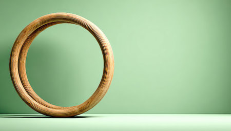 A wooden ring is showcased against a simple, softly lit green backdrop.の素材