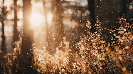 Tranquil forest scene with golden sunlight filtering through the trees, highlighting dew-kissed grasses and creating a warm and peaceful atmosphere.  The image features a shallow depth of field, with the trees softly blurred in the background, allowing the grasses in the foreground to stand out. The light creates a sparkle effect on the water droplets on the grasses.の素材