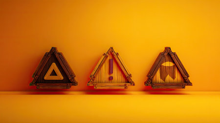 Three triangular structures, each with a different symbol, are displayed on a plain orange background. The structures appear to be made of intricately assembled wooden pieces, with contrasting light and dark tones adding depth to their appearance. They are arranged in a horizontal row, equidistant from each other, and are all oriented in a similar fashion.の素材