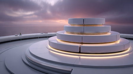 Tiered, circular platform design, comprised of multiple concentric rings, is set against a tranquil seascape at dawn or dusk. The platform, which is light gray-white and polished, is highlighted by soft lighting. The rings are geometrically detailed and stacked to give the platform a sense of elevation. The platform is empty, which allows for creative use in many scenarios.の素材