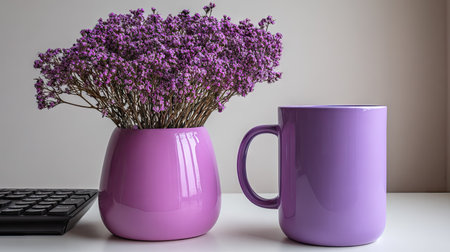 Purple ceramic vase filled with dried purple flowers and a matching purple mug on a white table.  A black keyboard is partially visible on the table.の素材