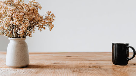 Simple, stylish arrangement of dried flowers in a speckled cream-colored vase alongside a black mug on a light brown wooden table against a plain white backdrop.  The image evokes a sense of tranquility and peaceful aesthetics.の素材