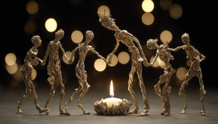 Group of stylized figures, fashioned from intertwined,  metal-like material,  are arranged in a dance-like formation around a candle. The figures are in various poses and appear to be engaging in a graceful yet complex interplay. Soft, glowing light highlights the figures, with a dark, blurred backdrop featuring bokeh effect.の素材