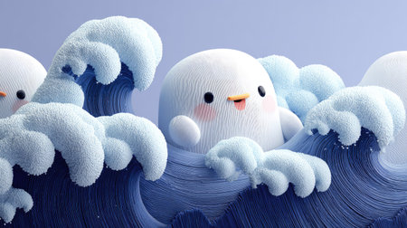 Three playful snowman figures are positioned amidst stylized waves. The snowmen and waves are rendered in a soft, pastel color scheme, creating a whimsical and childlike design. The texture of the figures and waves adds to the overall aesthetic appeal.の素材