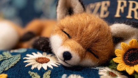 Detailed close-up of a handcrafted felt fox figurine, peacefully sleeping on a blue cushion adorned with embroidered flowers, emphasizing the soft texture and intricate craftsmanship.の素材