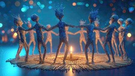 Group of stylized figures, crafted from wire and arranged in a circle dance, stand on a bed of matchsticks. A single candle provides a warm light source in the center, situated against a backdrop of blue-toned bokeh lights.の素材