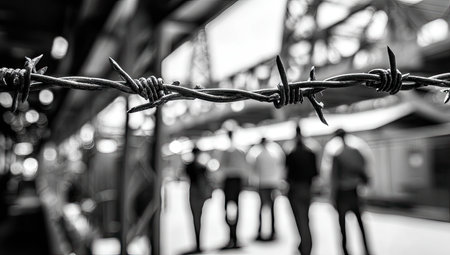 Close-up view of barbed wire with a blurred background of people. The focus is on the detailed texture of the metal barbed wire. The people in the background are out of focus, creating a contrast in focus between the foreground and background.の素材