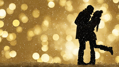 Silhouette of a loving couple embracing in a snowy scene, with a background of golden lights creating a bokeh effect.の素材