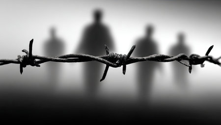 Close-up view of a rusty barbed wire fence, with out-of-focus silhouettes of people in the background. The image evokes themes of confinement, isolation, and hardship.の素材
