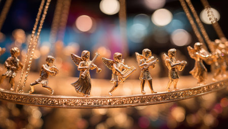 Detailed view of a decorative, gold-colored chandelier or similar hanging fixture.の素材