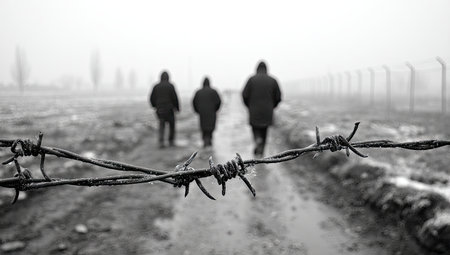 Grayscale image of three figures walking away from a barbed wire fence on a path. The image has a somber, historical feel, emphasizing the confinement and journey of those walking away from the fence. The fence and the road are in the foreground, with the figures walking in the background.の素材