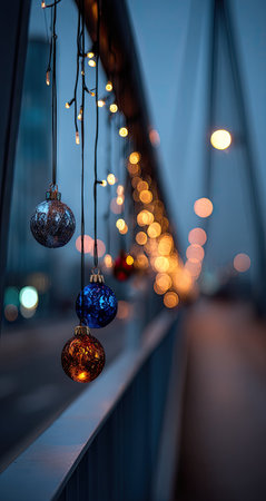 Close-up view of colorful Christmas ornaments hanging from a bridge railing, illuminated by string lights.  The background features a blurred cityscape, showcasing the warm glow of city lights at twilight.の素材