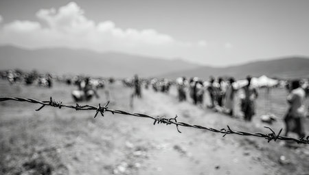 Grayscale image of a barbed wire fence in the foreground,  with a large group of people, out of focus, in the background. The focus is on the fence, creating a stark contrast with the blurred figures in the distance, suggesting a theme of separation and human suffering.の素材