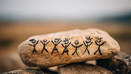 Light beige colored rock, outdoors, with simple black figures drawn on its surface, depicting a group of figures.の素材