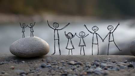 Simple, hand-drawn illustration of a happy family of four adults and two children, depicted as stick figures with large smiles, standing together on top of a large gray stone. The figures are positioned on a bed of small, light gray pebbles, with a blurred background of a river or stream.の素材