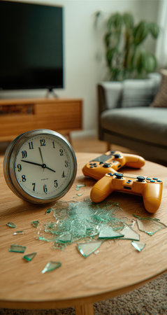 Close-up view of a wooden coffee table with a shattered glass tabletop, a silver analog clock, and two yellow  controllers on the surface.の素材
