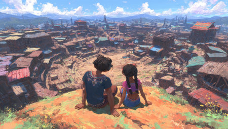 Pair of figures sit atop a hill overlooking a vibrant and detailed cityscape.  The cityscape is populated by numerous structures, with a wide array of colorful roofs and textures.  The scene depicts a warm day with a clear sky and fluffy clouds.の素材