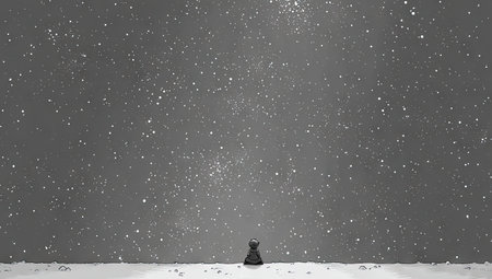 Grayscale illustration of a small figure sitting on a snowy plain, looking up at a vast, star-filled night sky. The image evokes a sense of quiet contemplation and vastness.の素材