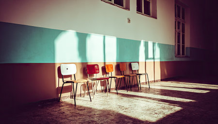 Hallway with several colorful chairs arranged in a row.  Sunlight streams into the hallway, creating long shadows on the floor and walls. The walls have a horizontal color pattern. The chairs are simple designs with a vintage feel.の素材