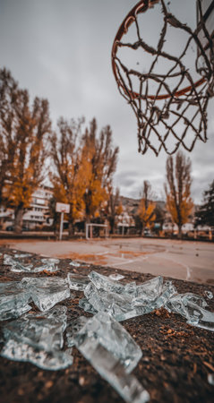Shattered glass pieces are strewn across a neglected outdoor basketball court, which is surrounded by trees with autumnal foliage. The basketball hoop is visible in the background.の素材