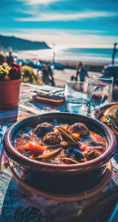 Hearty seafood stew, filled with mussels and meatballs, is served in a rustic earthenware pot, positioned on a table outdoors by the seaside.  The vibrant colors and flavors of the stew are highlighted by the bright sunny day.  The ocean view and distant people add to the atmosphere.の素材