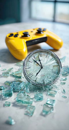 Broken clock and a video  controller lie on a surface covered in shattered glass pieces.  The image represents the loss of time associated with gaming.の素材