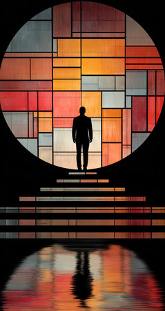 Person in silhouette is positioned centrally within a circular stained glass window. The window's pattern is composed of geometric shapes and vivid colors, and the scene is reflected in a body of water below. The overall impression is one of abstract art, with a focus on geometric patterns, color, and reflection.の素材