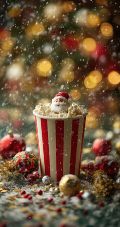 Festive image of a paper popcorn cup filled with popcorn, with a miniature Santa Claus figurine on top.  The cup is red and white striped, and is surrounded by Christmas decorations, including ornaments, confetti, and the impression of falling snow. The background is out-of-focus, featuring a blurred Christmas tree with warm lights, adding to the holiday ambiance.の素材