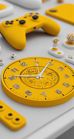 3D illustration of a yellow wall clock and various yellow gaming controllers arranged on a light gray surface.  The clock features a decorative design and the controllers have a smooth, matte finish.の素材