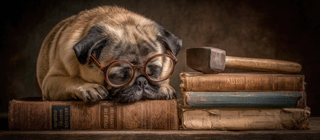 Pug wearing round glasses rests on top of several vintage books.  A hammer rests on top of the books. The image is a still life.の素材