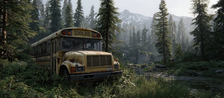 Old, rusty yellow school bus sits abandoned in a lush forest, surrounded by tall evergreen trees and a rocky path.  A mountain range is visible in the background.の素材
