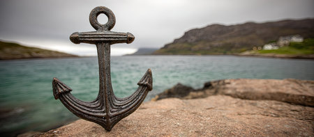 Close-up image of a dark metal anchor resting on a rocky shoreline overlooking a calm body of water. The background features a blurred view of mountains and a body of water.の素材