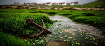 Rusty anchor lies submerged in a shallow stream running through a grassy area. The stream is surrounded by lush green grass and small patches of moss and algae.の素材