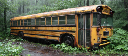 Old yellow school bus, appearing abandoned and overgrown with vegetation, sits in a wooded area.  The bus is rusty and weathered, and the surrounding environment is damp and lush.の素材