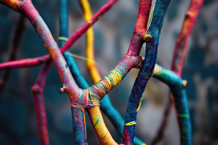 A close-up of intertwined tree branches, each one adorned with colorful threads that form intricate patterns and shapes. The background is blurred to emphasize the detailed textures of the organic elements, creating an abstract yet realistic scene that captures nature's beauty in its most essential form. --ar 3:2 --v 6.1 Job ID: 8383eaee-eaa4-436f-b2af-985b6d810e7cの素材